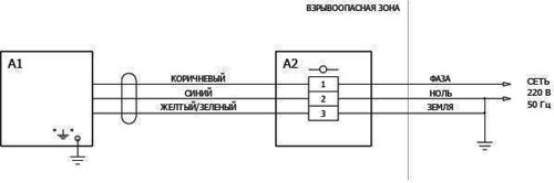 Рис.1. Схема подключения обогревателя, где:А1 - обогреватель ОУр-1М; А2 - коробка клеммная взрывозащищенная, обеспечивается потребителем