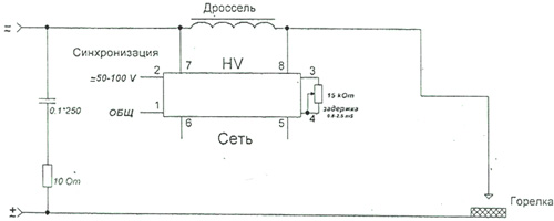 Рис.1. Схема подключения RE 177 осциллятора для аргонодуговой сварки