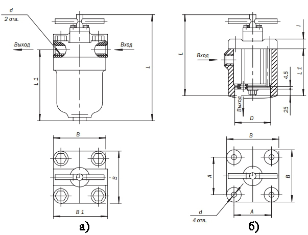 Схема габаритных размеров фильтра в корпусе (а) и фильтра щелевого встраиваемого (б)