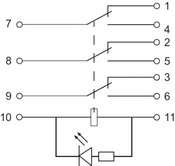 Рис.1. Схема подключения реле MY3 (DC 24 V) промежуточного
