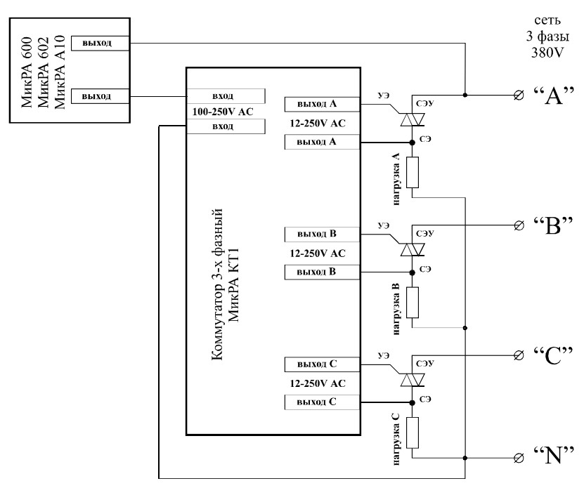 Рис.1. Схема подключения 3-х фазной нагрузки к регуляторам температуры используя коммутаторы КТ-1