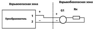 Рис. 2. Схемы внешних электрических соединений преобразователей. Вариант включения для преобразователей УБ-ЭМ1-Ех с выходным сигналом 4-20 мА при двухпроводной линии связи.
