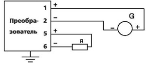 Рис. 3. Схемы внешних электрических соединений преобразователей. Вариант включения для преобразователей с выходным сигналом 0-5 мА или 0-20 мА или 4-20 мА при четырехпроводной линии связи.