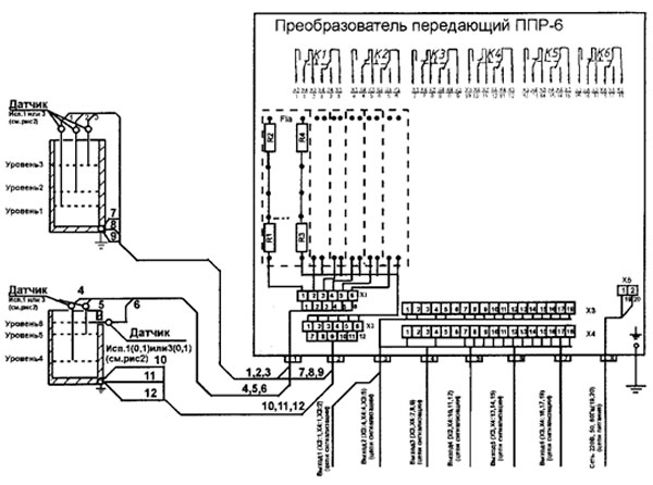 Рис. 1. Схема электрическая подключения электронного регулятора-сигнализатора уровня