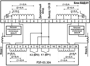 Рис.1. Схема подключения устройства РЗЛ-03.304 (при диапазоне рабочих токов от 4 до 8 А)