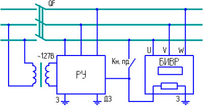 Рис.1. Схема внешних соединений реле утечки и блока измерения времени его срабатывания в трансформаторной подстанции