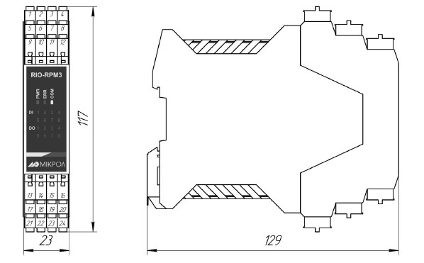 Рис.1. Габаритный чертеж модуля измерения количества оборотов валов RIO-RPM3 