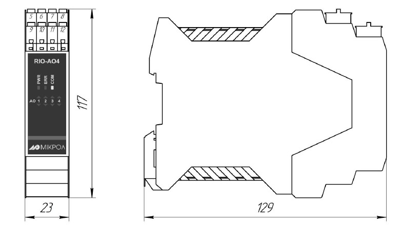 Рис.1. Габаритный чертеж модуля аналогового вывода 4-х канального RIO-AO4 