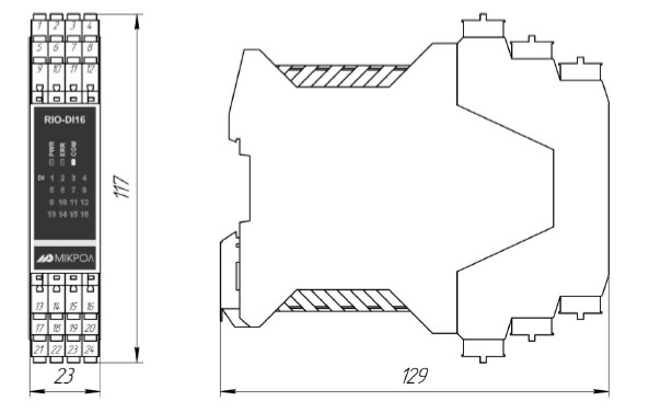 Рис.1. Габаритный чертеж модуля дискретного ввода 16-ти канальный RIO-DI16 