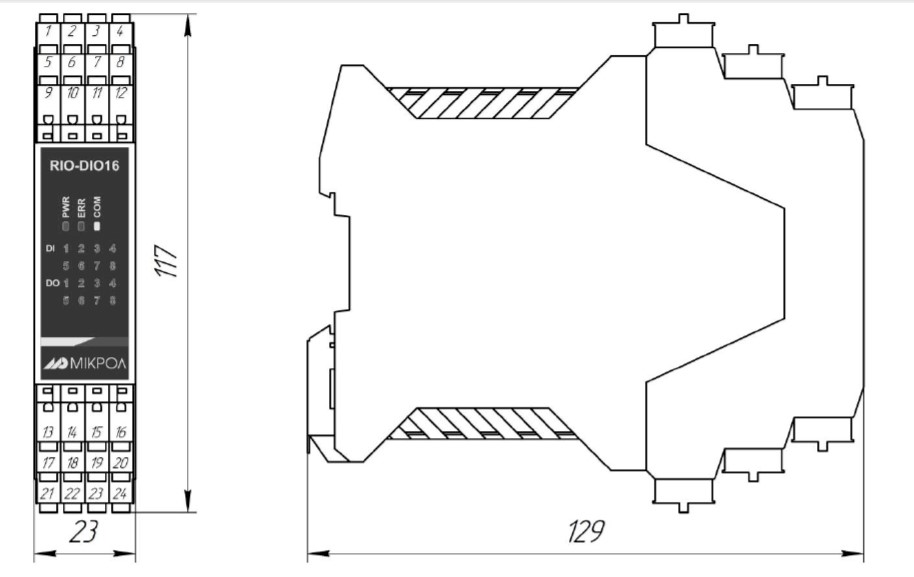 Рис.1. Габаритный чертеж модуля дискретного ввода/вывода RIO-DIO16 