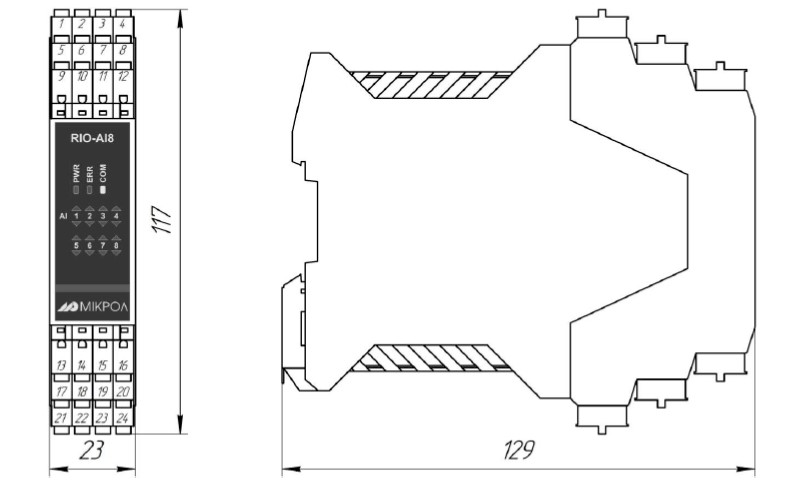Рис.1. Габаритный чертеж модуля аналогового ввода 8-ми канального RIO-AIU8 