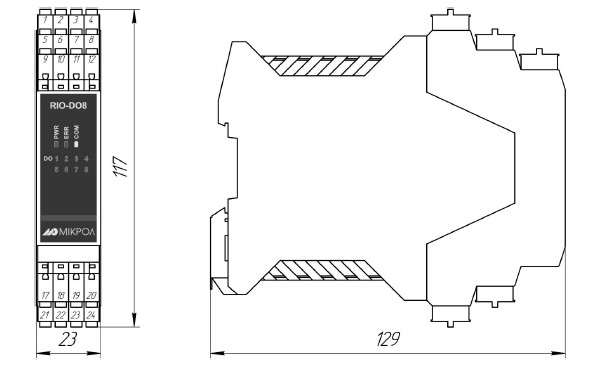 Рис.1. Габаритный чертеж модуля дискретного вывода 8-ми канальный RIO-DO8