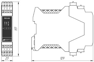 Рис.1. Габаритный чертеж модуля аналогового ввода RIO-AI4