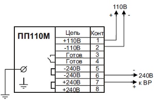 Рис.1. Схема подключения преобразователя напряжения ПП-110М к вакуумному выключателю
