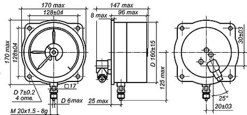 Рис.2. Габаритный чертеж манометра ДМ2005Сг - радиальное присоединение штуцера с задним фланцем