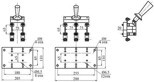 Рис.2. Схема габаритных размеров рубильников Р-21, Р-32 на токи 250 А переднего присоединения