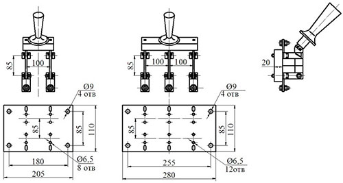 Рис.3. Схема габаритных размеров рубильников Р-21, Р-32 на токи 400 А переднего присоединения 